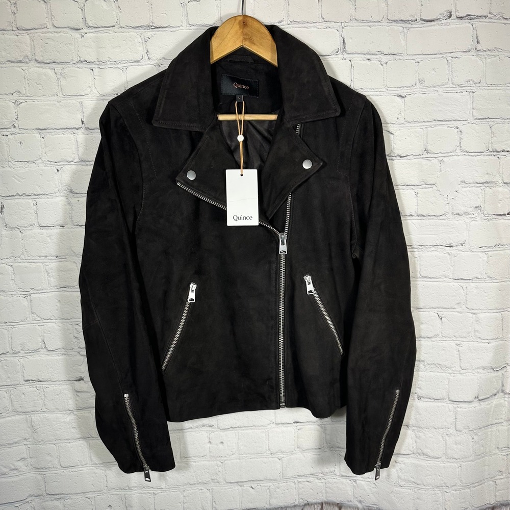 Quince Women Suede Biker Jacket Charcoal Black Goat Leather Moto Coat LB115402 L